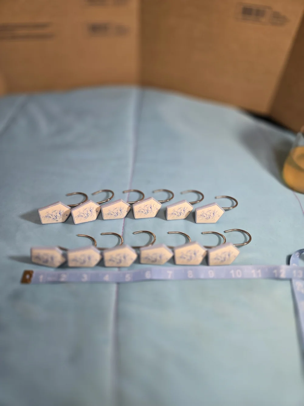 Set Of 12 Old Fashioned Granny Core Shower Hooks With Beautiful Blue Flowers